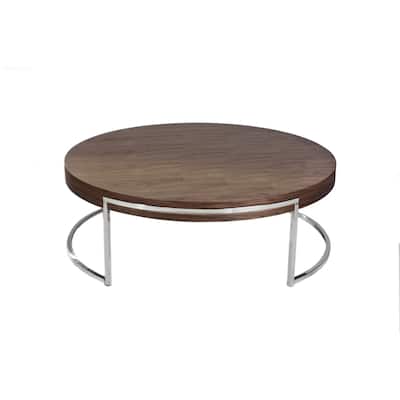 Dami 43 Inch Coffee Table, Round Top, Open Metal Frame, Walnut Brown Finish