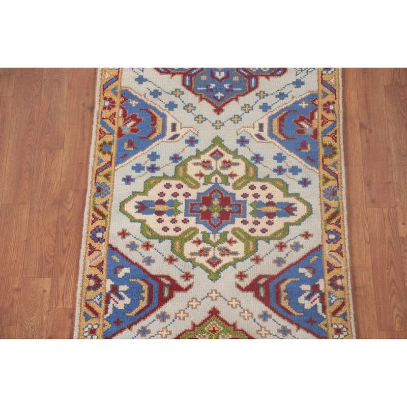 Geometric Kazak Accent Rug Handmade Oriental Blue Wool Carpet - 2'7"x 5'10"