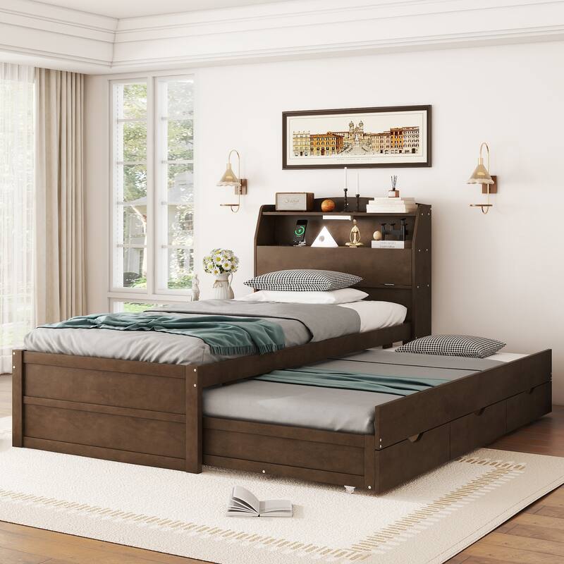 Wooden LED Bed with Trundle and Storage Headboard