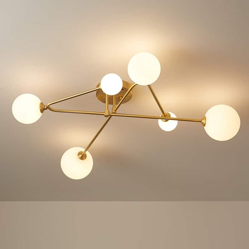 6-Light Brass Geometric Arm Opal Glass Globe Semi Flush Mount