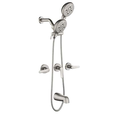 Wall Mount Dual Head Tub and Shower Faucet Brushed Nickel Complete Shower System Trim Kit Wth Rough-in Valve