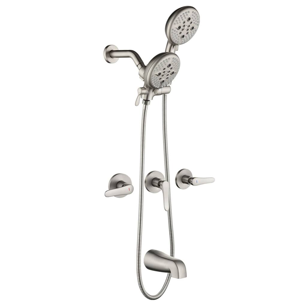 Wall Mount Dual Head Tub and Shower Faucet Brushed Nickel Complete Shower System Trim Kit Wth Rough-in Valve