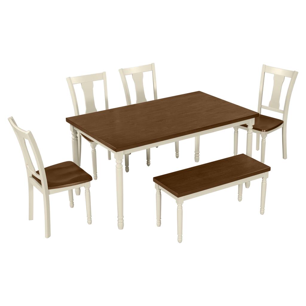 Solid Wood 6-Piece Rectangular Dining Set with 4 Chairs and Bench