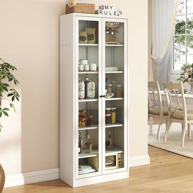 Metal Kitchen Pantry Cabinet - 72" Tall Storage with 5 Adjustable Shelves, White Freestanding Cabinet - Ancient Oak