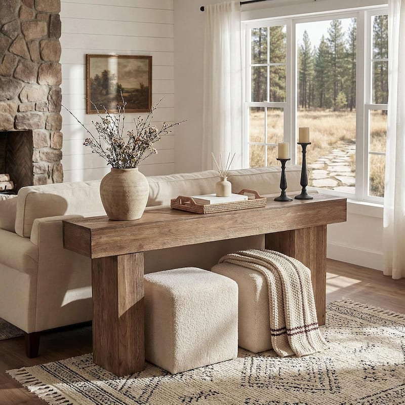 63-Inch Solid Wood Console Table, Sofa Table Behind Couch with Artistic Legs for Entryway, Rustic Brown