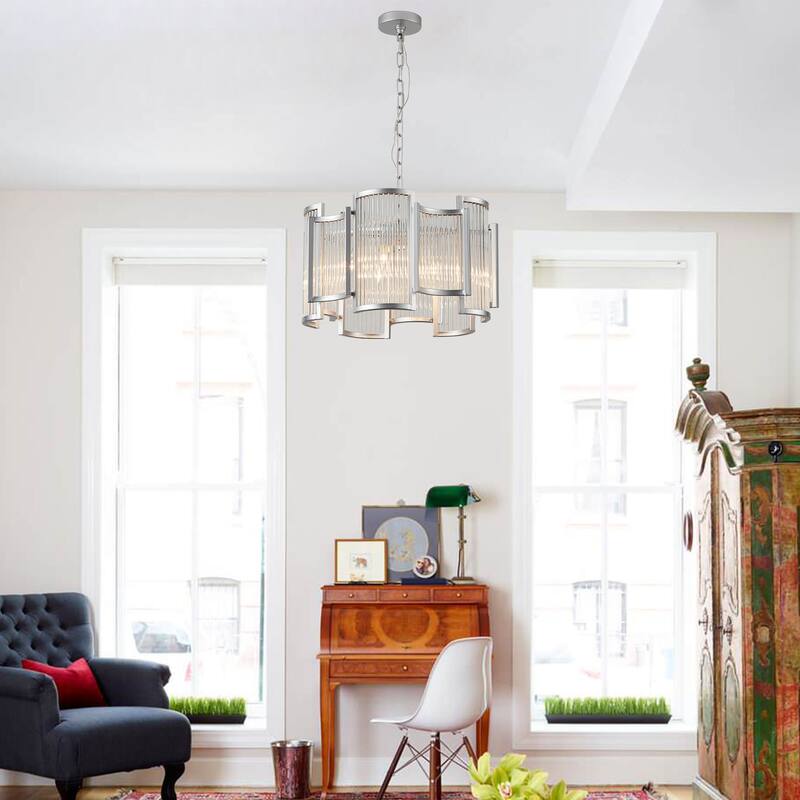 Cusp Barn 20.5-Inch Mid-Century Glam Crystal Chandelier, Modern Silver 6-Light Kitchen Island Pendant Light