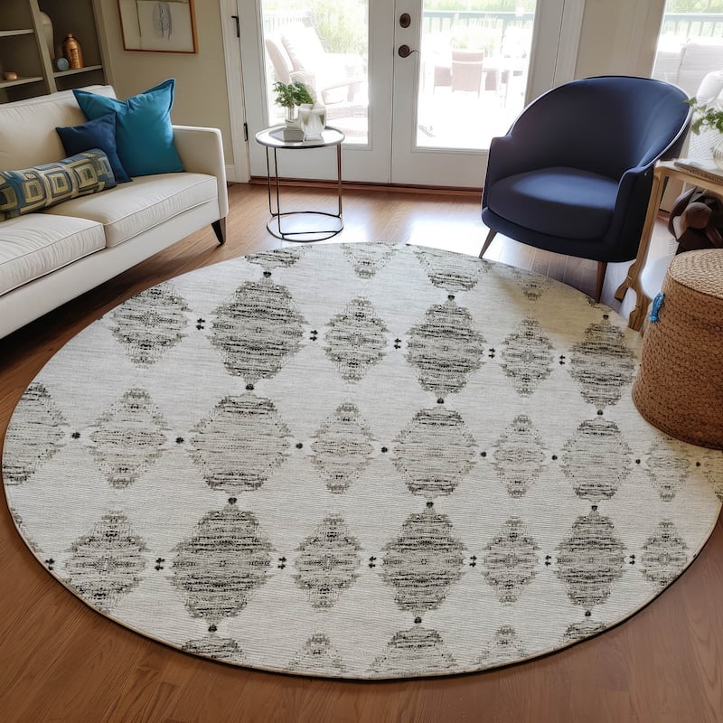 Machine Washable Indoor/ Outdoor Chantille Modern Boho Damask Rug - Taupe - 8' x 8'