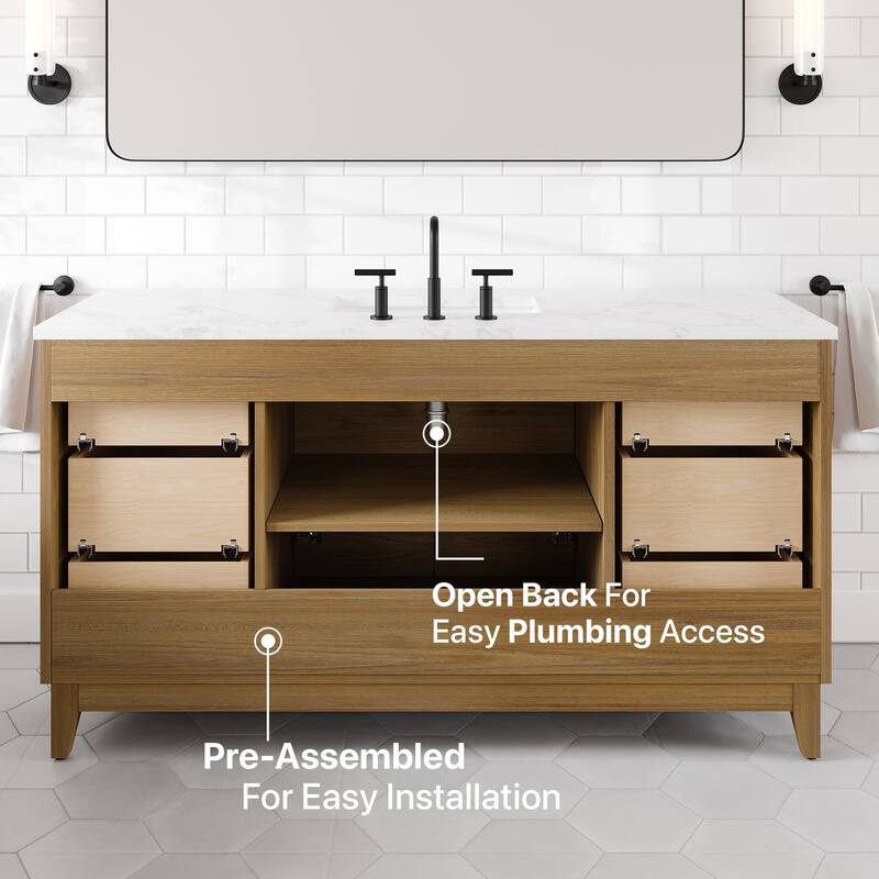 Graham 60"W Oak SS Bath Vanity with WH Arabescato Engineered Stone Top