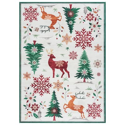 Gertmenian Crystal Print Washable Polyester Slip Resistant Flat Pile Digital Printed Christmas Indoor Area Rugs