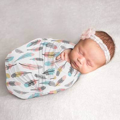 Boho Feather Collection Girl Baby Swaddle Receiving Blanket - Turquoise Blue Coral Pink and Grey Bohemian