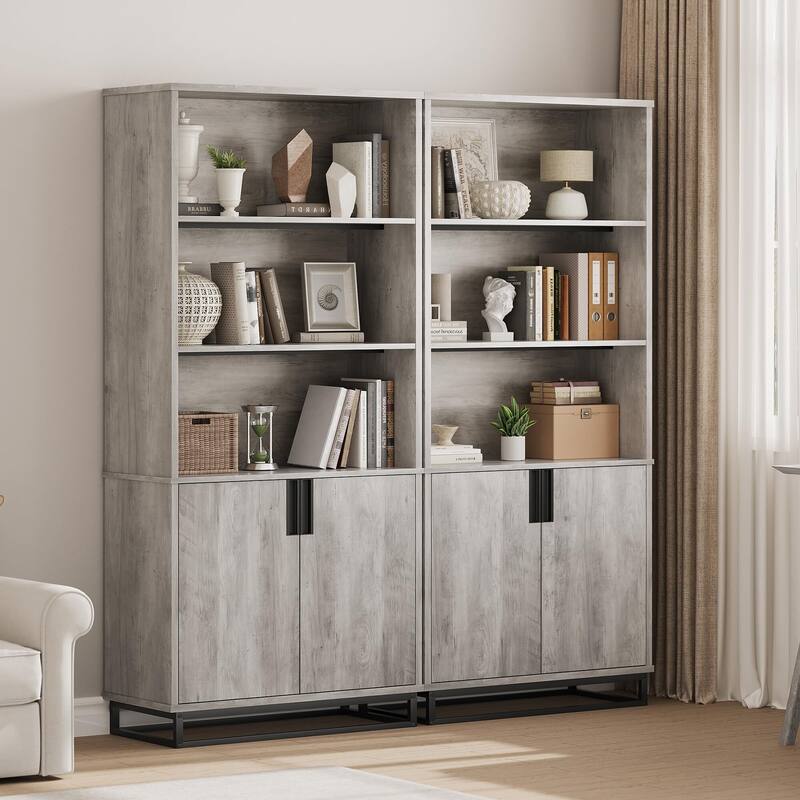 71" Tall Bookcase with Doors, 5-Tier Farmhouse Bookshelf with Storage Cabinet & Adjustable Shelves