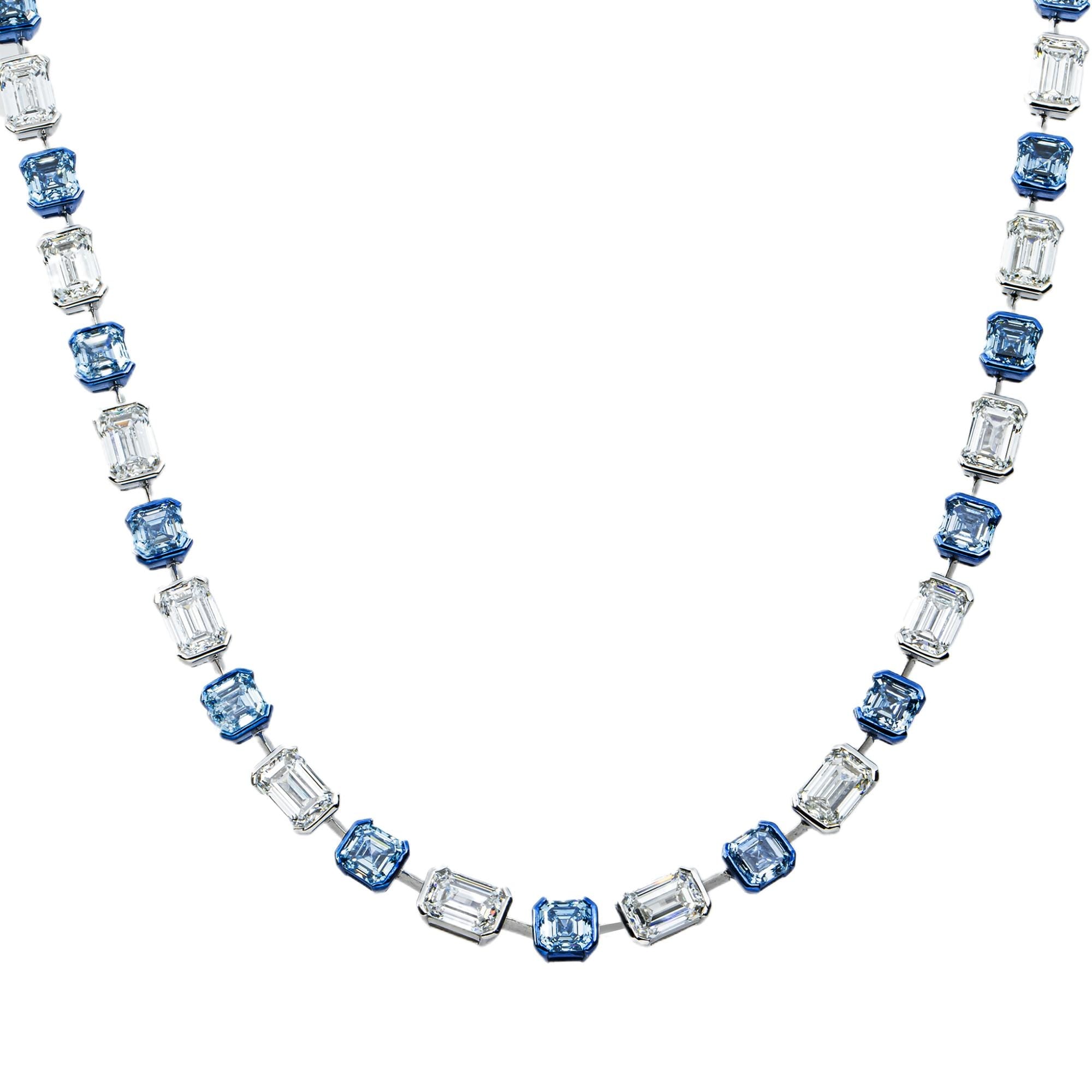 House Of Leon 14K Two Tone Multi Cut Fancy Blue & White Diamond Satellite Necklace 69.42ct