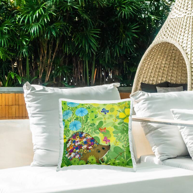 Stupell Happy Hedgehog & Flowers Printed Outdoor Throw Pillow Design by Kay Widdowson