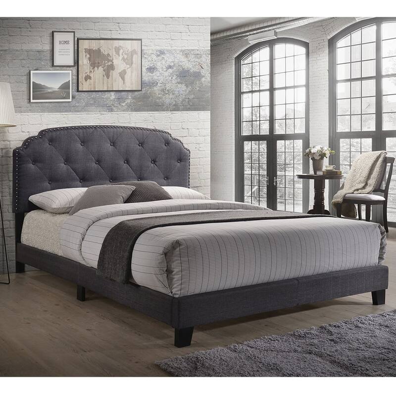 Gray Queen Size Platform Bed with Headboard Features Nailhead Trim for Bedroom - Gray