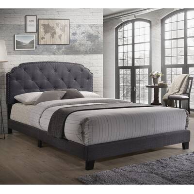 Gray Queen Size Platform Bed with Headboard Features Nailhead Trim for Bedroom