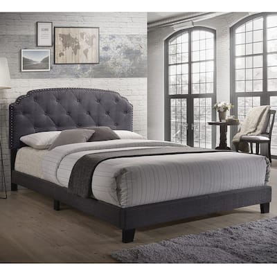 Queen Size Platform Bed with Headboard Features Nailhead Trim for Bedroom