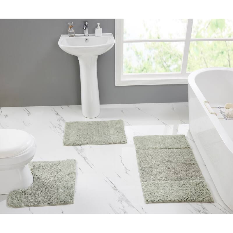 Better Trends Granada Collection 100% Cotton Tufted Bath Mats with Non-Slip Spray Latex Backing, Machine Washable for Bathroom - 3 Piece Set (17" x 24" | 20" x 20" | 21" x 34") - Sage