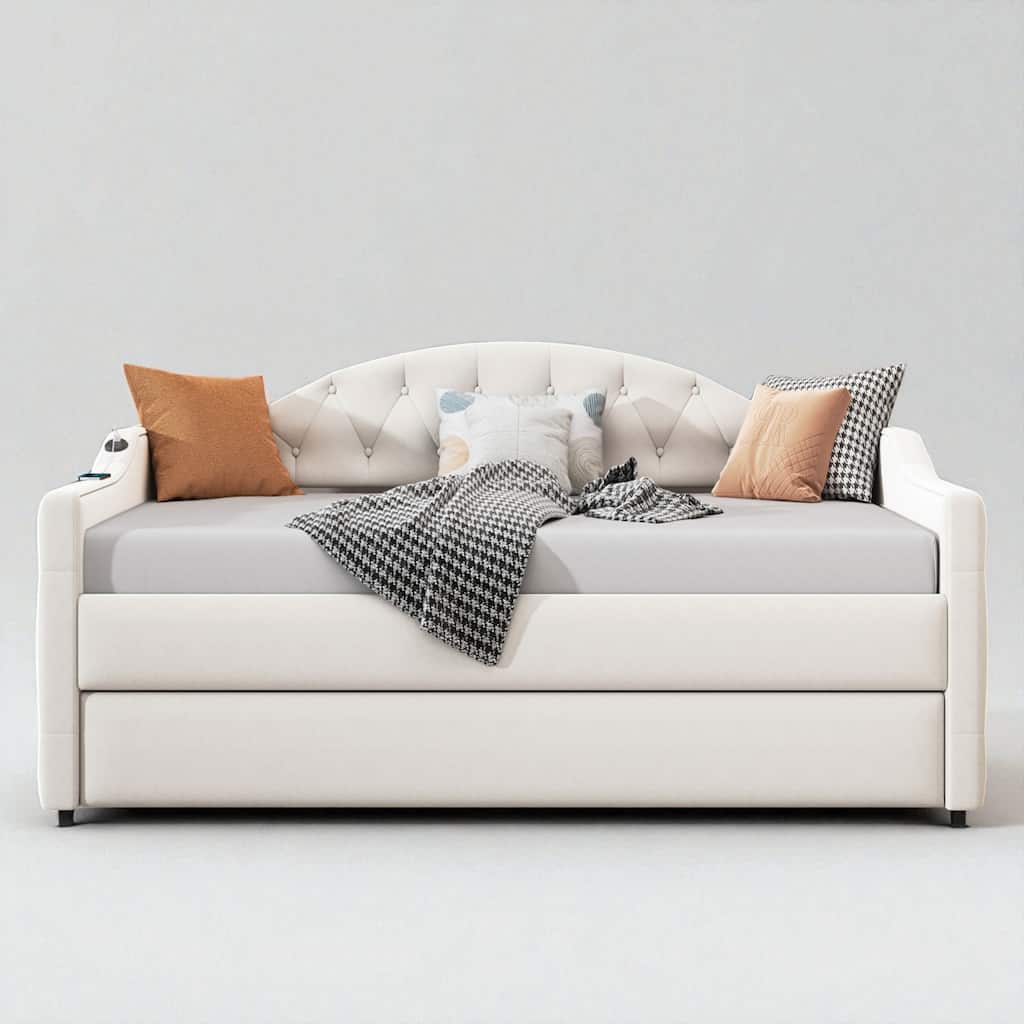 Twin Size Velvet Upholstered Daybed with Trundle, USB & Type-C Ports, Tufted Sofa Bed Frame, No Box Spring Needed