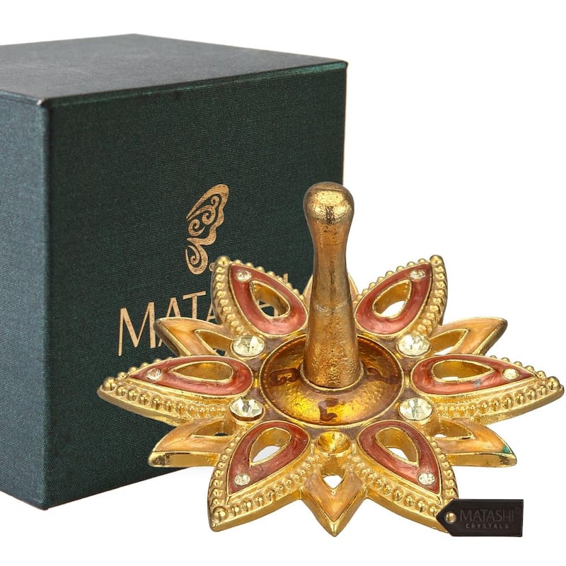 Matashi Hand Painted Enamel Menorah Candelabra w/ Tree & Flower Buds Design & Spinning Dreidel Holiday Ornaments w/ Crystals