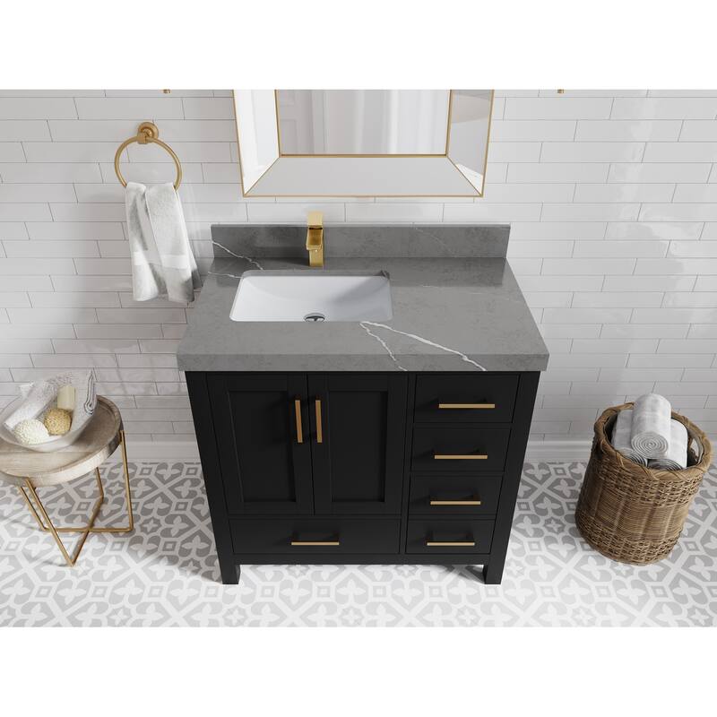 Willow Collections 36 in. W x 22 in. D Malibu Left Offset Sink Bathroom Vanity with Countertop - 2" Piatra Gray - Black