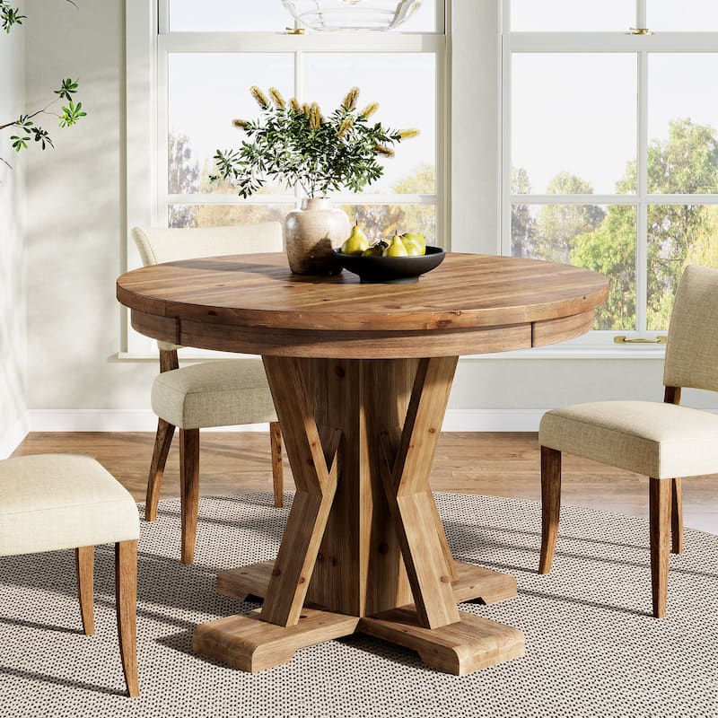 Round Pedestal Dining Table, 39.4-Inch Farmhouse Solid Wood Dinner Table