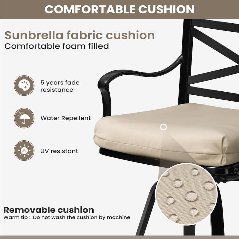 Outdoor Patio Bar Stools Aluminum Swivel Bar Chair with Sunbrella Cushion - 21.7 in W x 16.5 in D x 46 in H