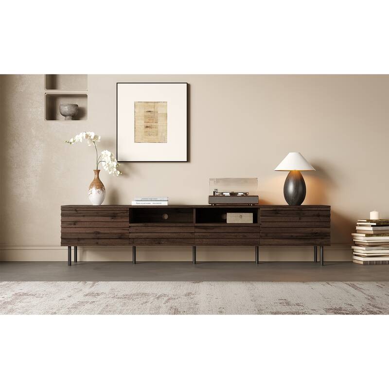 TV Stand for TVs up to 85", Entertainment Center with 2 Drawer & 2 Cabinet, Open Shelves, Wood TV Console with Cable Management