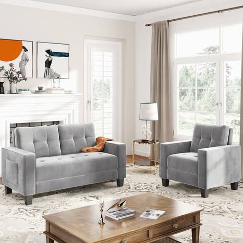 Morden Living Room Sofa Set with Upholstered Armchair and Loveseat for Home or Office, Light Grey