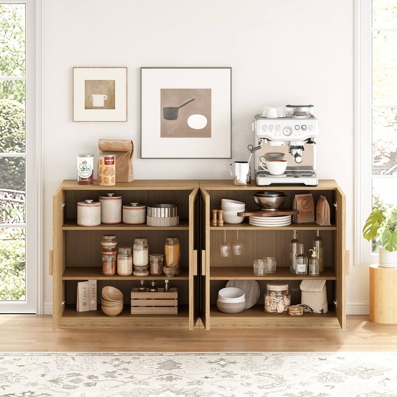 62"LX31"H Solid Wood Kitchen Pantry Sideboard Buffet Cabinet Storage with Rattan Doors