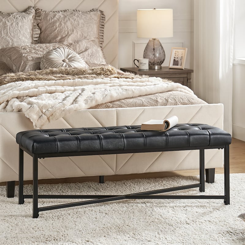 Eberhard Modern 50.5" Genuine Leather Upholstered Bench with Metal Legs by HULALA HOME - Black