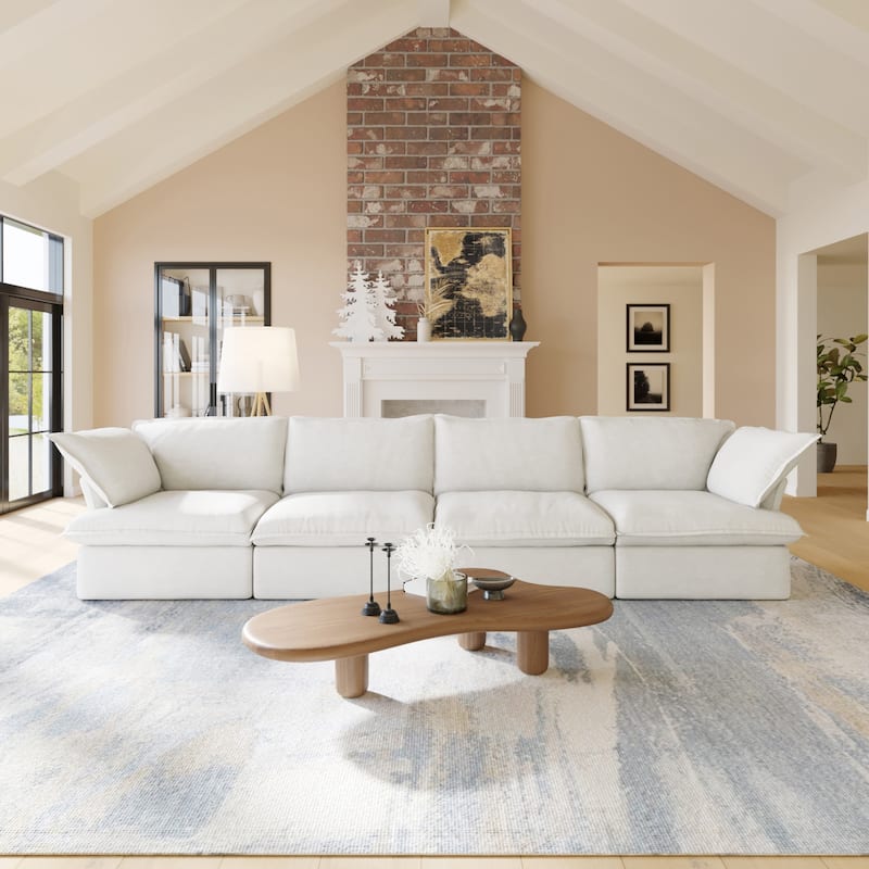 Velvet Sectional Sofa Modern Upholstered Couch Sofa for Living Room - White-4 seats