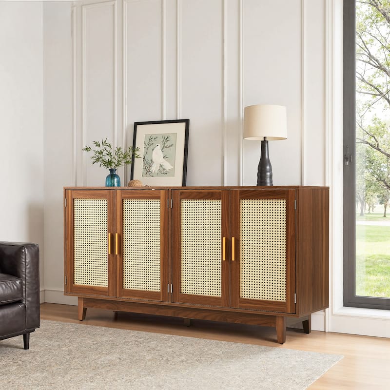 Wood TV Stand for up to 60" TVs with Four Rottan Doors