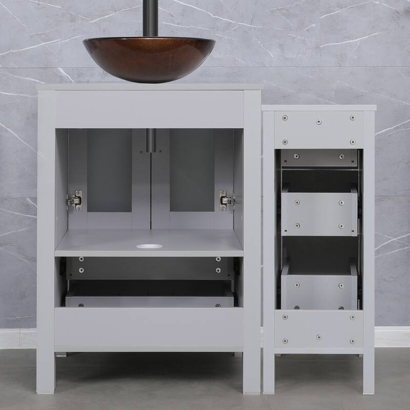 36" Bathroom Vanity Sink Gray Set with Side Cabinet Vessel Sink Faucet Combo