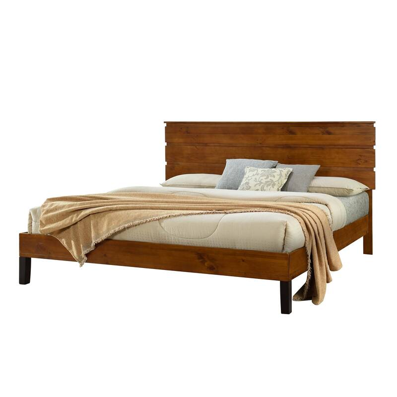 Brown Solid Wood Frame Platform Bed with Three-Piece Headboard Design