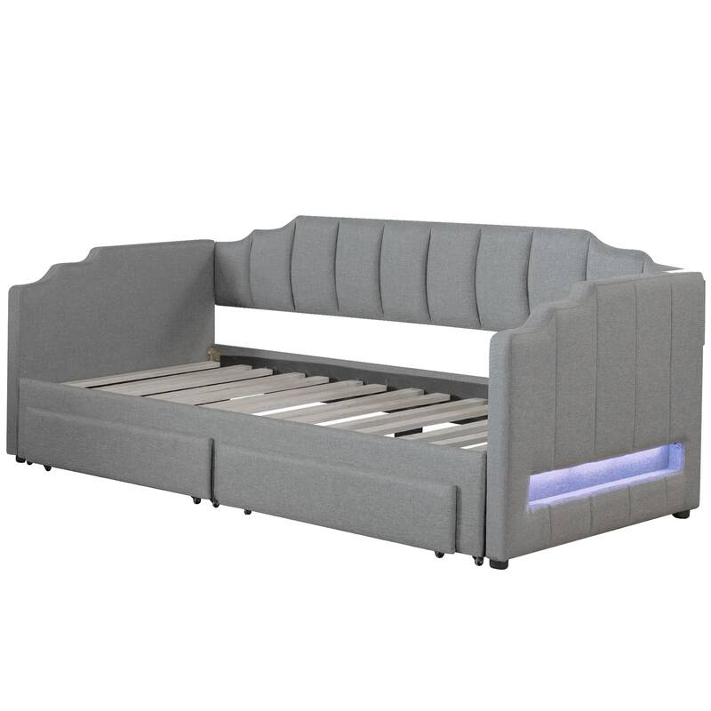 Roomfitters Twin XL Upholstered Daybed with LED Lights and 2 Storage Drawers, Extendable Pull-Out Sofa Bed Frame