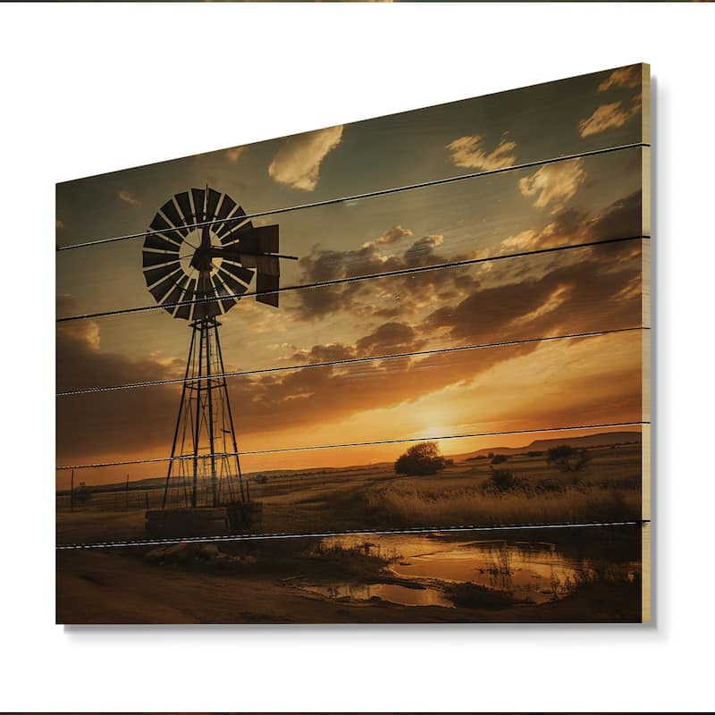 Designart "Texas Rustic Windmills" Landscapes Print on Natural Pine Wood