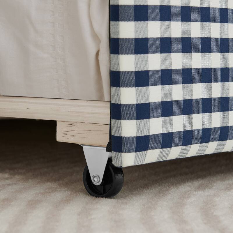 Twin Gingham Daybed with Trundle - USB Ports, Wave Design, Linen Fabric, No Box Spring