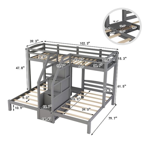 Twin Over Twin & Twin Bunk Bed with Staircase and Storage, Grey