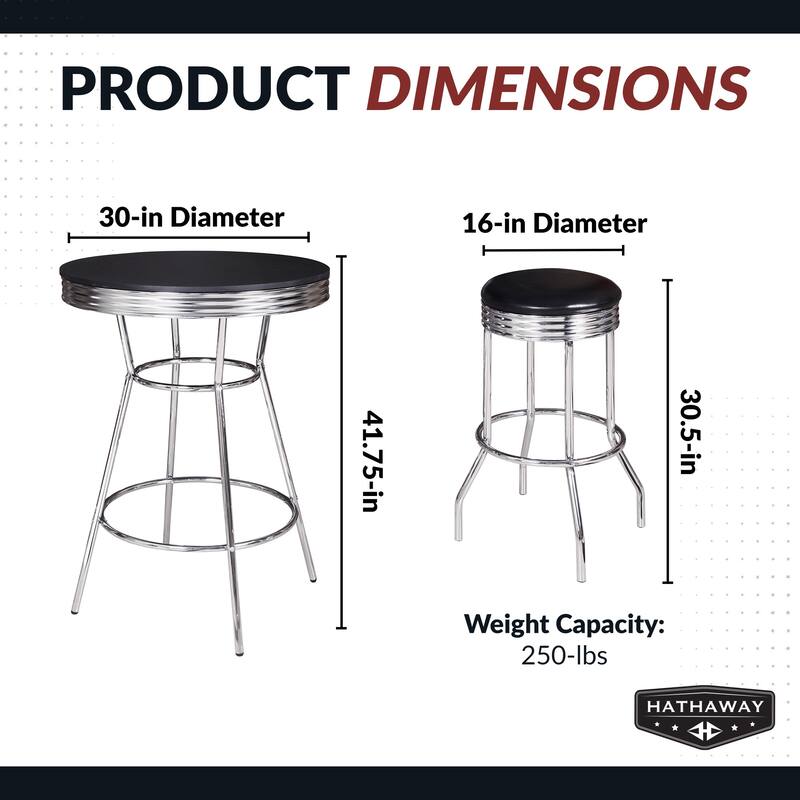 Hathaway Remington 3 Piece Pub Table with Stools Set - Chrome and Black