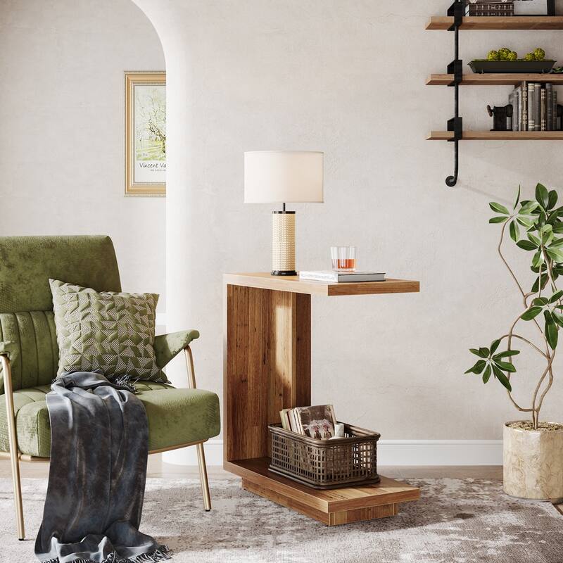 C-Shaped Side Table, 2-Tier Narrow End Table Wood Bedside Table