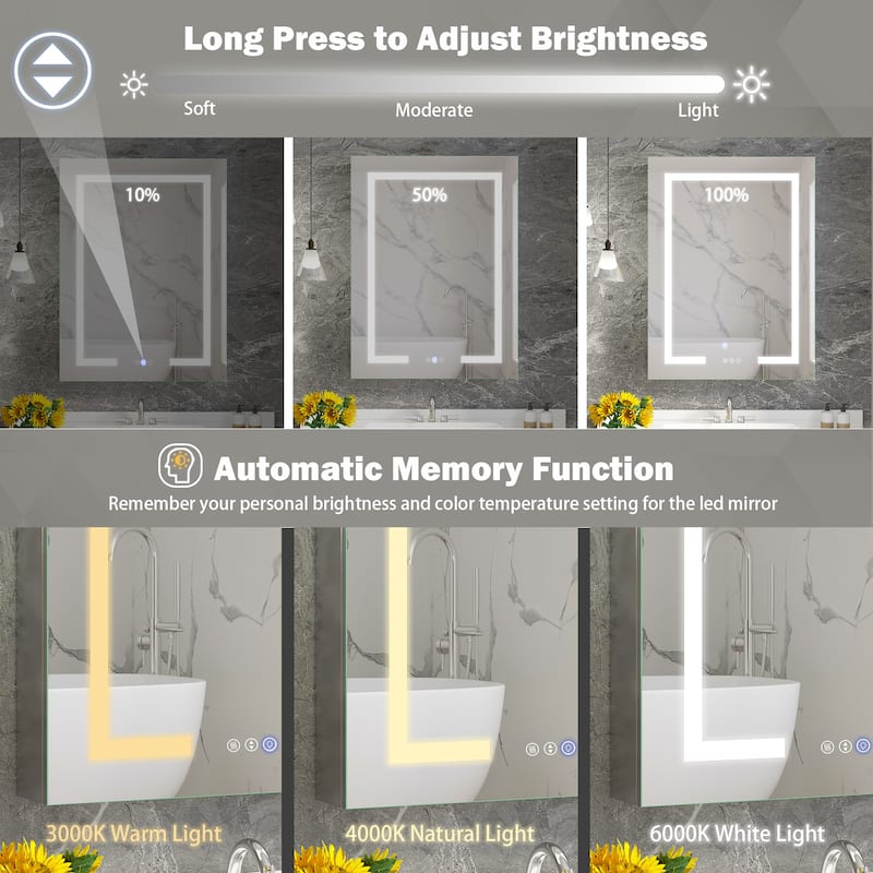 Rectangular Aluminum Recessed/Surface Mount Frameless Anti-Fog Medicine Cabinet with Dimmable LED Lights