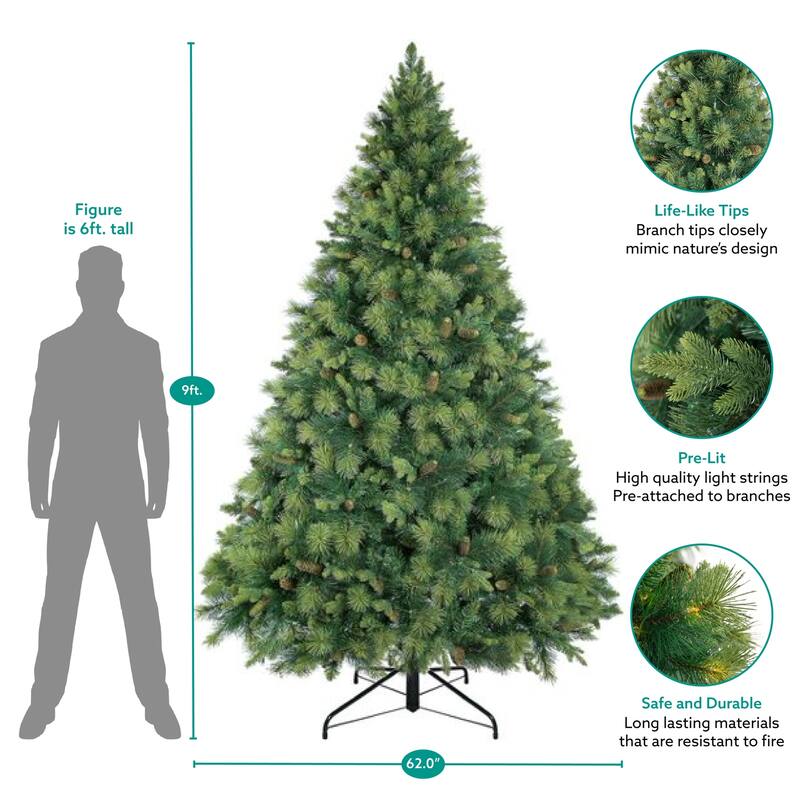 Real Tree Mimic Pre-Lit Artificial Christmas Tree with Fluffy PVC Branches, Folding Metal Base, and Easy 3-Step Assembly - 9 Foot