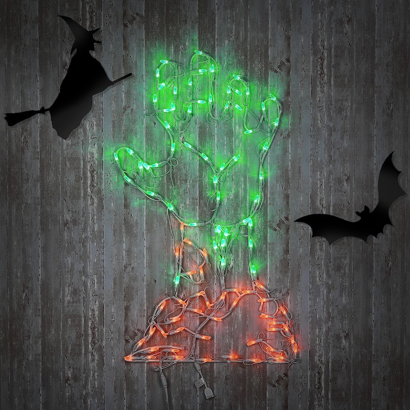National Tree Company Halloween Lighted Sign Decoration, White, Zombie Hand, LED Lights, Plug In, 3 Feet