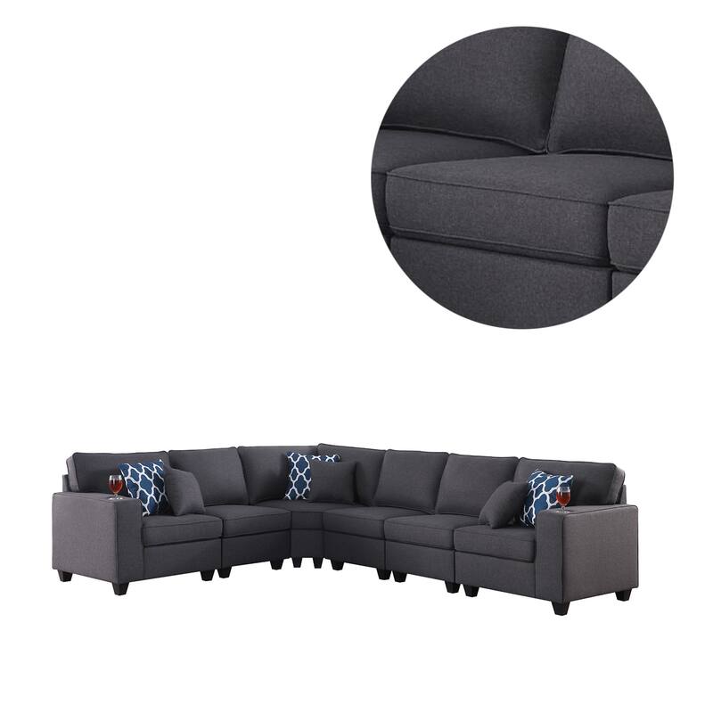 6 Piece Upholstered L-Shape Sectional Sofa in Dark Gray