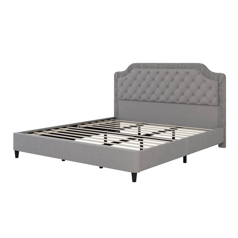 Luxurious Velvet Platform Bed Frame with Tufted & Pleated Headboard, Sturdy Wood Base - Full, Queen, King