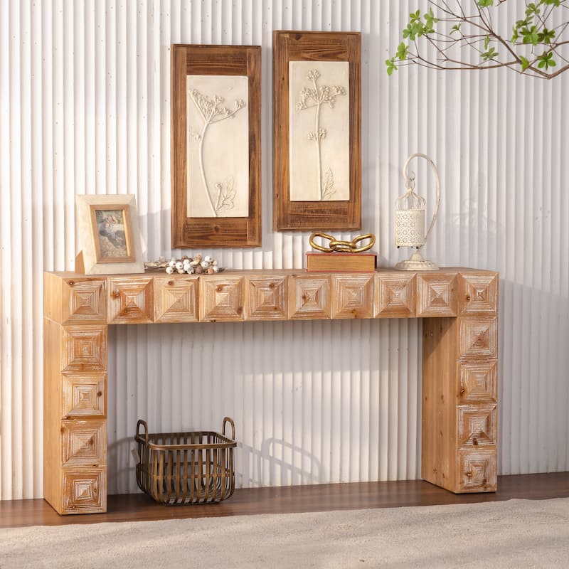 59.06" Rustic Geometric Relief Console Table - Solid Wood & MDF Entryway Table with 3D Carved Details for Living Room/Hallway