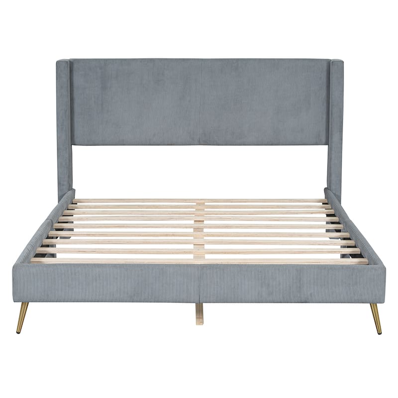 Queen Corduroy Upholstered Platform Bed with Tufted Headboard, Metal Legs and Slats - No Box Spring Needed