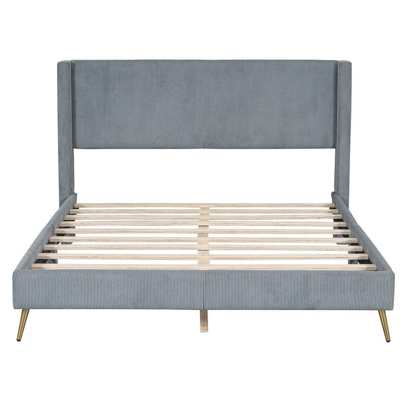 Queen Size Corduroy Platform Bed with Metal Legs, Gray