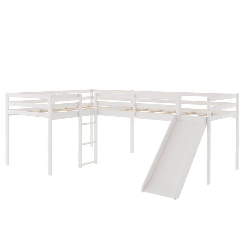 Wooden Twin Size L-Shaped Loft Bed with Ladder and Slide
