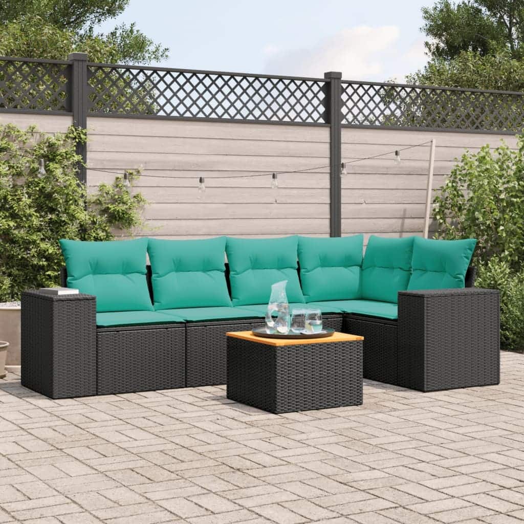 vidaXL 6 Piece Patio Sofa Set with Cushions Black Poly Rattan - 24.4 x 24.4 x 27.2